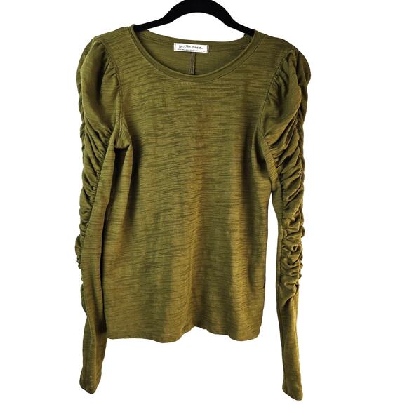 Free People Natasha Tee Women's XS Olive Green Slub Jersey Ruched Sleeve Boho - Picture 2 of 14